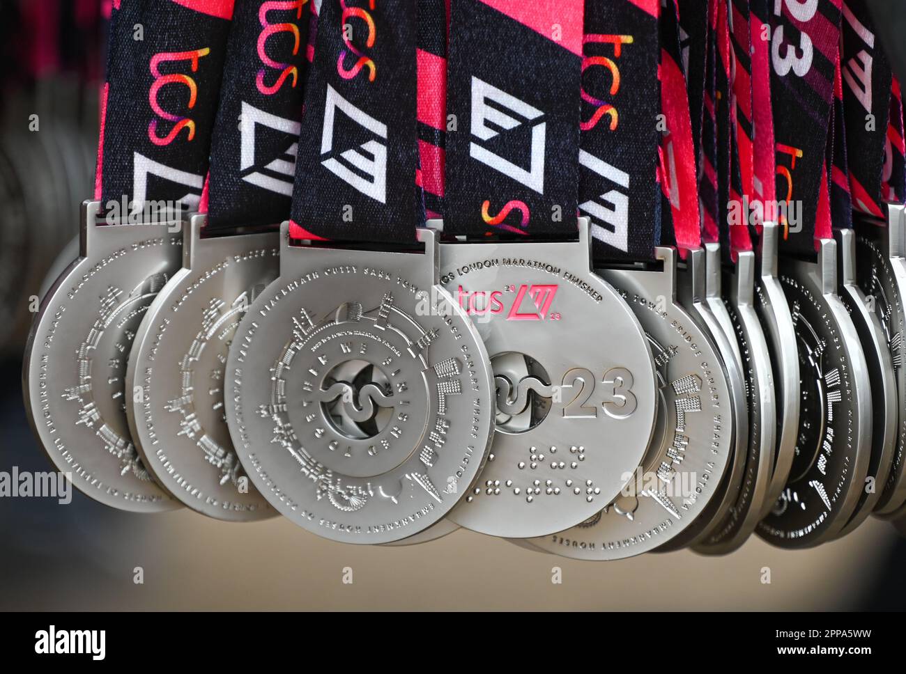 London, England. 23 April, 2023. Finishers medals awaiting the runners at the finish line at the