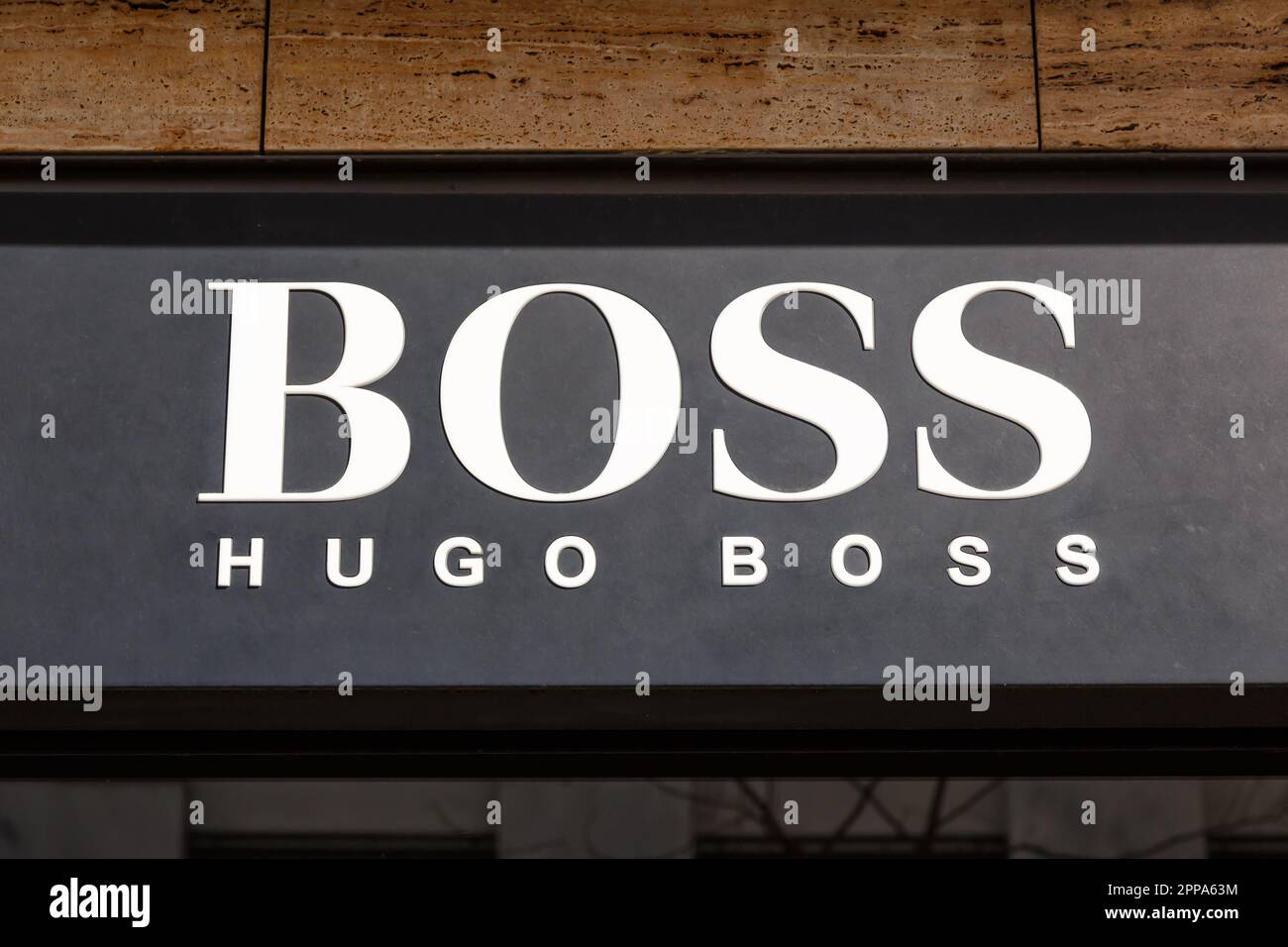 Stuttgart, Germany - April 10, 2023: Hugo Boss store brand shop with logo retail in Stuttgart, Germany. Stock Photo