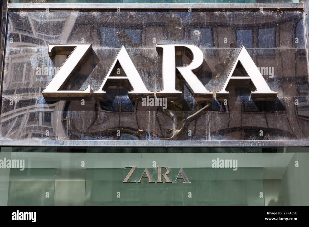Stuttgart, Germany - April 10, 2023: Zara store brand shop with logo retail in Stuttgart, Germany. Stock Photo