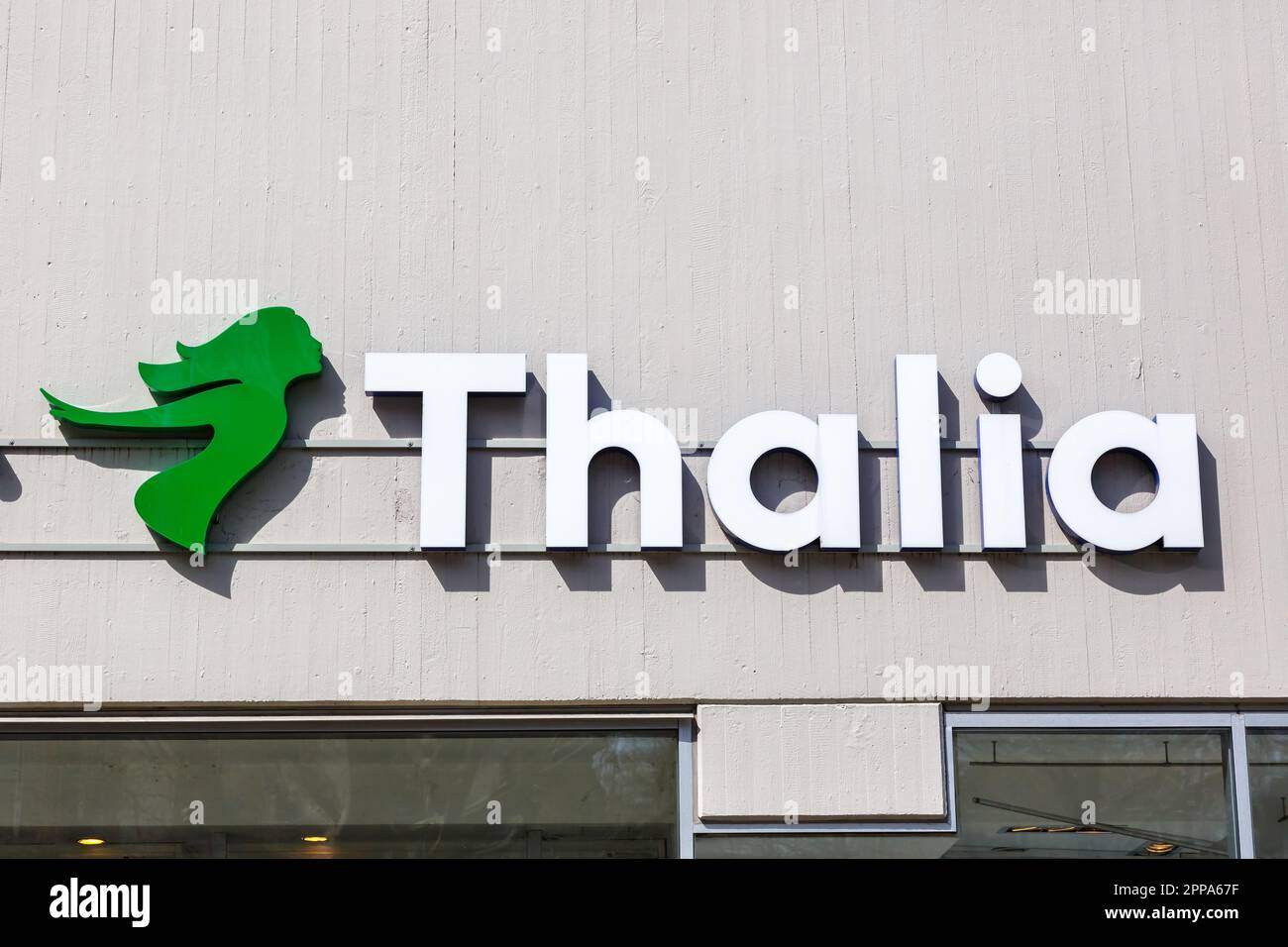 Stuttgart, Germany - April 10, 2023: Thalia store bookstore brand shop with logo in Stuttgart, Germany. Stock Photo