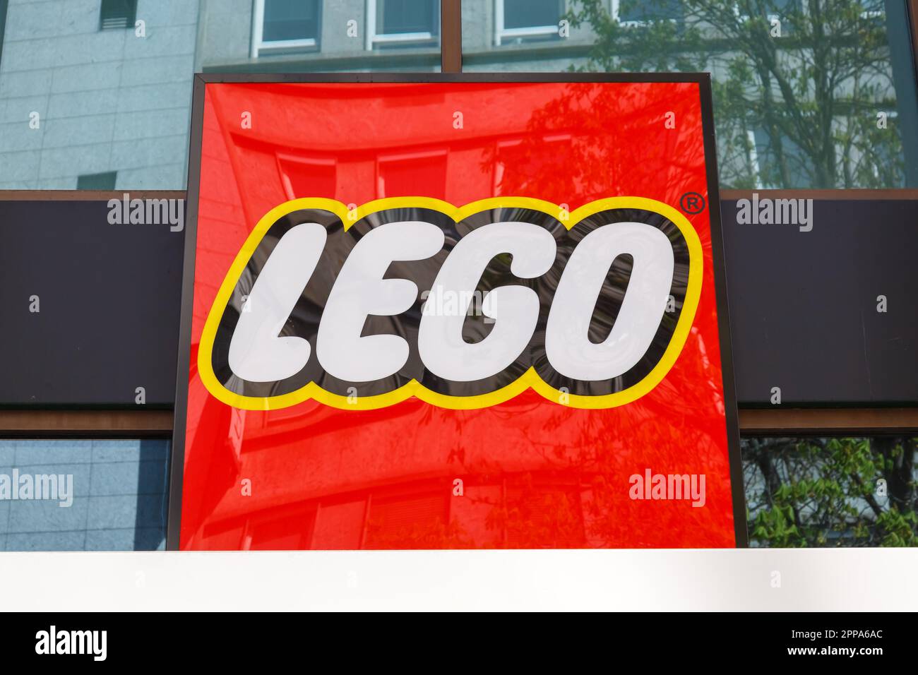 Stuttgart, Germany - April 10, 2023: Lego store toy brand shop with logo in Stuttgart, Germany. Stock Photo