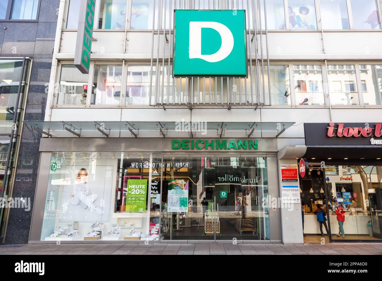 Stuttgart, Germany - April 10, 2023: Deichmann store brand shop with logo retail in Stuttgart, Germany. Stock Photo