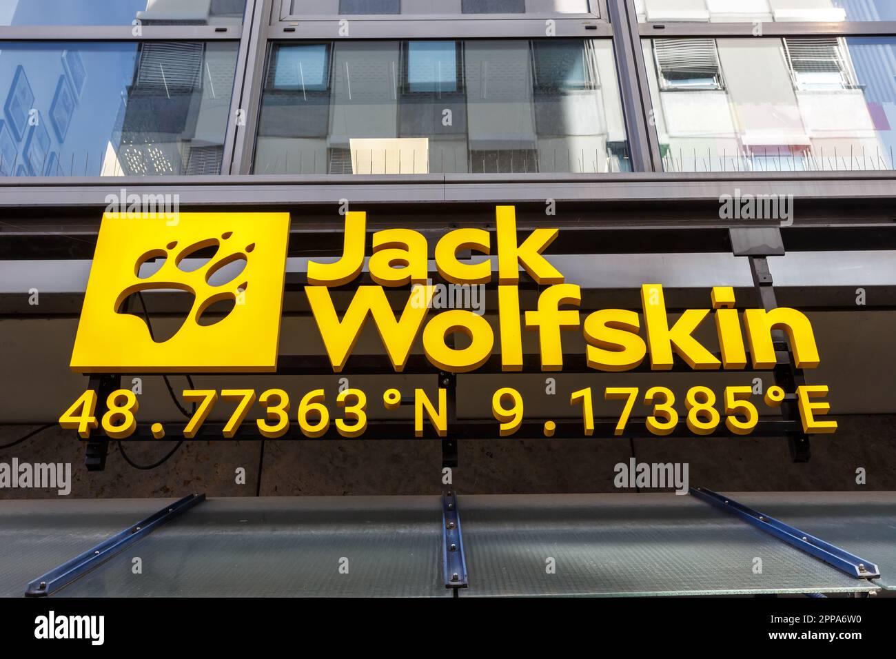 Stuttgart, Germany - April 10, 2023: Jack Wolfskin store brand shop with logo retail in Stuttgart, Germany. Stock Photo