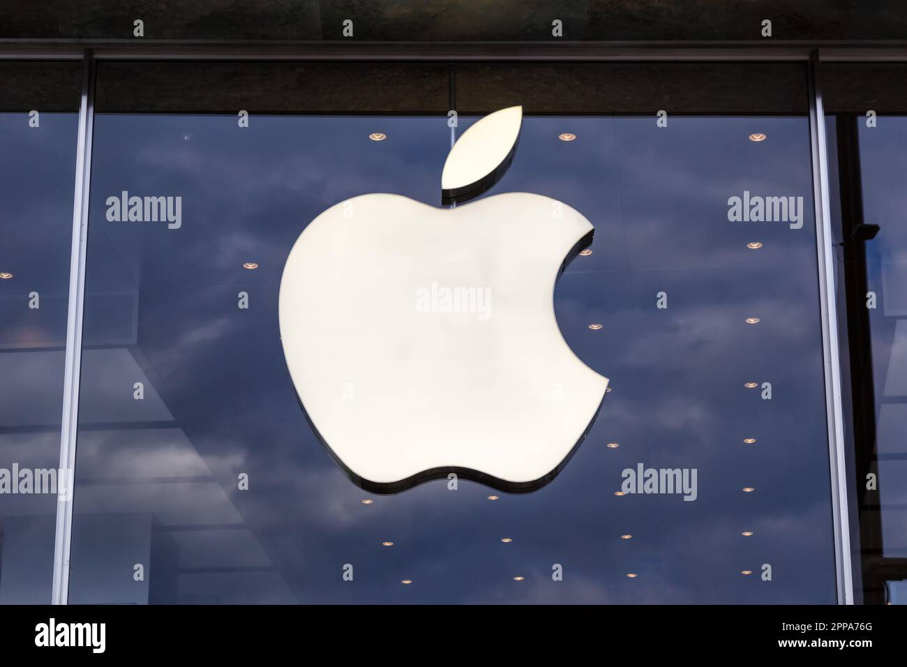 Hamburg, Germany - August 13, 2022: Apple logo brand on a store in Hamburg, Germany. Stock Photo