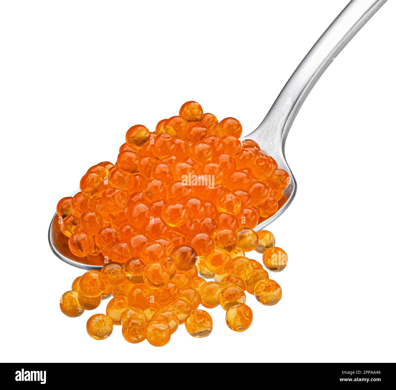 Red caviar in spoon isolated on white background, full depth of field Stock Photo