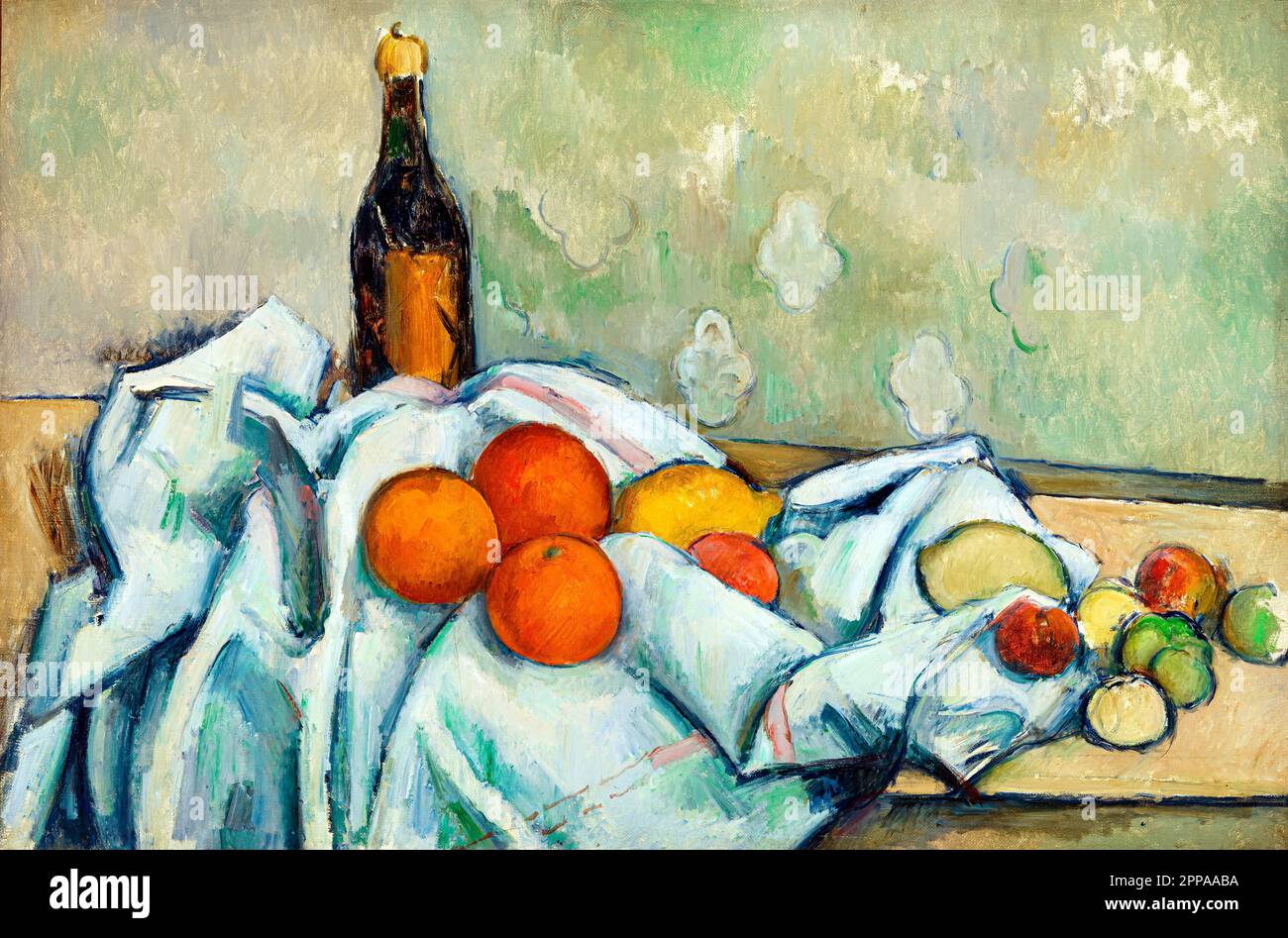 Bottle and Fruits by Paul Ceacute; zanne. Original from Original from Barnes Foundation. Stock Photo