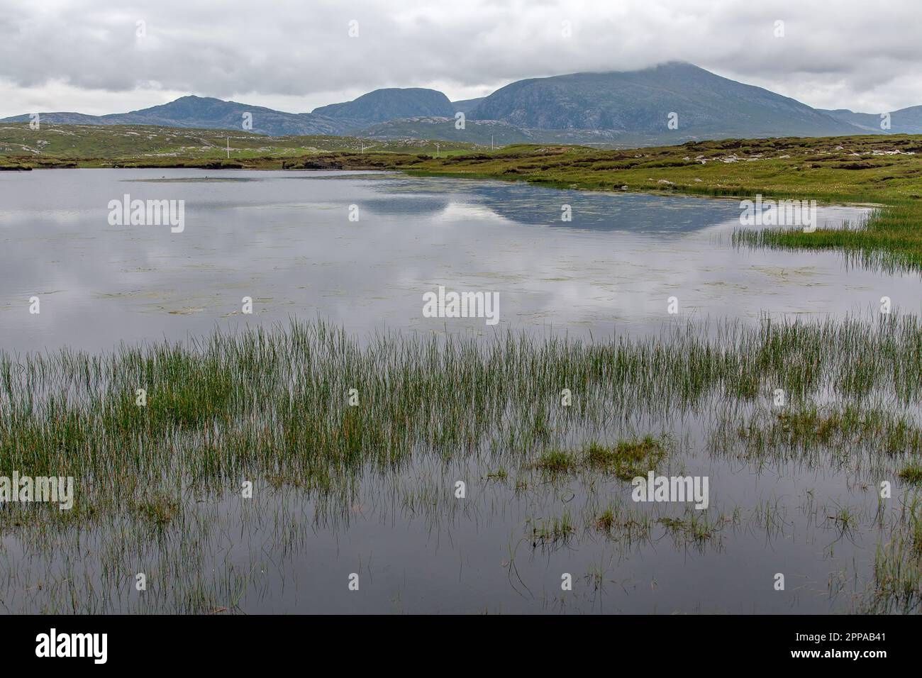 Loch Dubh Druim na h-Àirde and Mealaisbhal, Mangersta, Isle of Lewis, Hebrides, Outer Hebrides, Western Isles, Scotland, United Kingdom, Great Britain Stock Photo