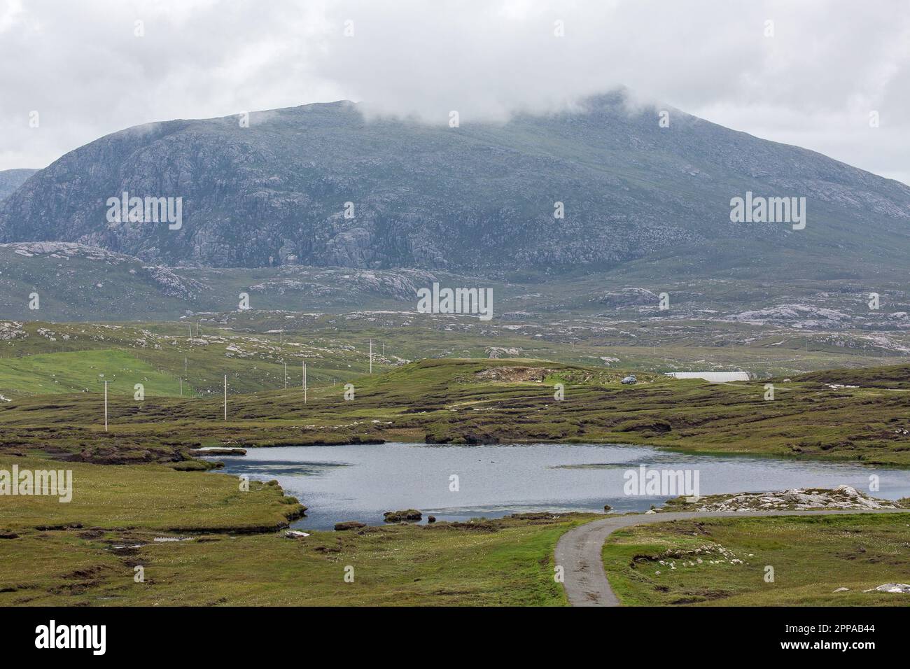 View from Àird Mhòr Mhangarstaidh to Loch Dubh Druim na h-Àirde and Mealaisbhal, Isle of Lewis, Outer Hebrides, Western Isles, Scotland, United Stock Photo