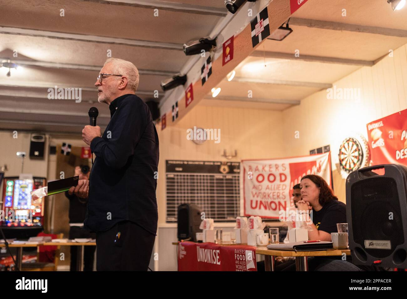 Former Labour leader Jeremy Corbyn MP speaks inside the Callington Social Club in Callington, North Cornwall as staff vote on the unionisation of the factory. Stock Photo