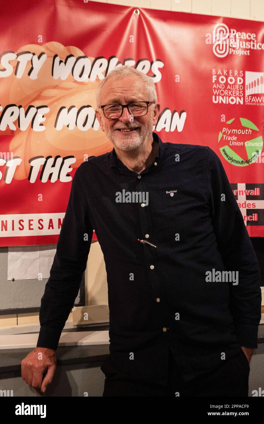 Former Labour leader Jeremy Corbyn MP poses for a portrait inside the Callington Social Club in Callington, North Cornwall as staff vote on the unionisation of the factory. Stock Photo