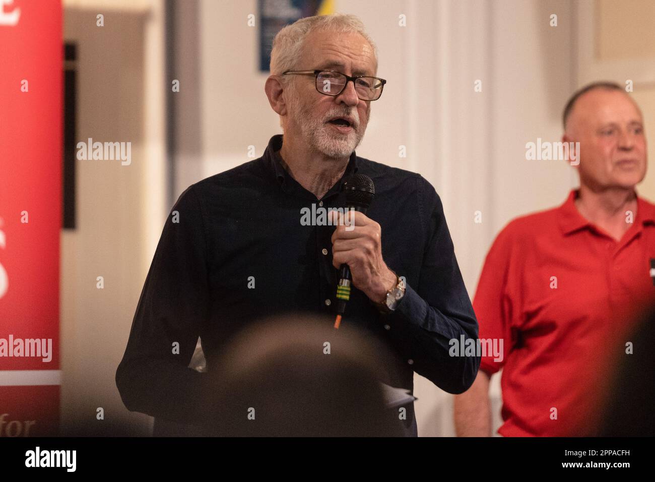 Former Labour leader Jeremy Corbyn MP speaks inside the Callington Social Club in Callington, North Cornwall as staff vote on the unionisation of the factory. Stock Photo