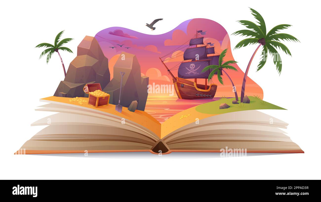 Open book with fun story about adventure of pirate ship for children vector illustration. Cartoon fairytale world on paper pages for reading, corsair boat sailing to treasure island in sea landscape Stock Vector