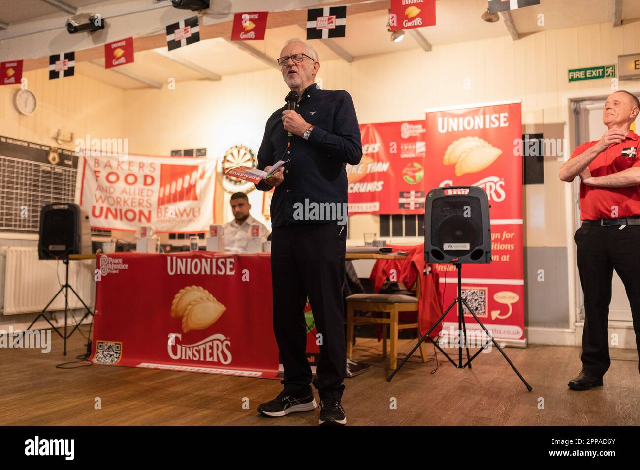 Callington, UK. 22nd Apr, 2023. Former Labour leader Jeremy Corbyn MP speaks inside the Callington Social Club in Callington, North Cornwall as staff vote on the unionisation of the factory. (Photo by Benjamin Gilbert/SOPA Images/Sipa USA) Credit: Sipa USA/Alamy Live News Stock Photo
