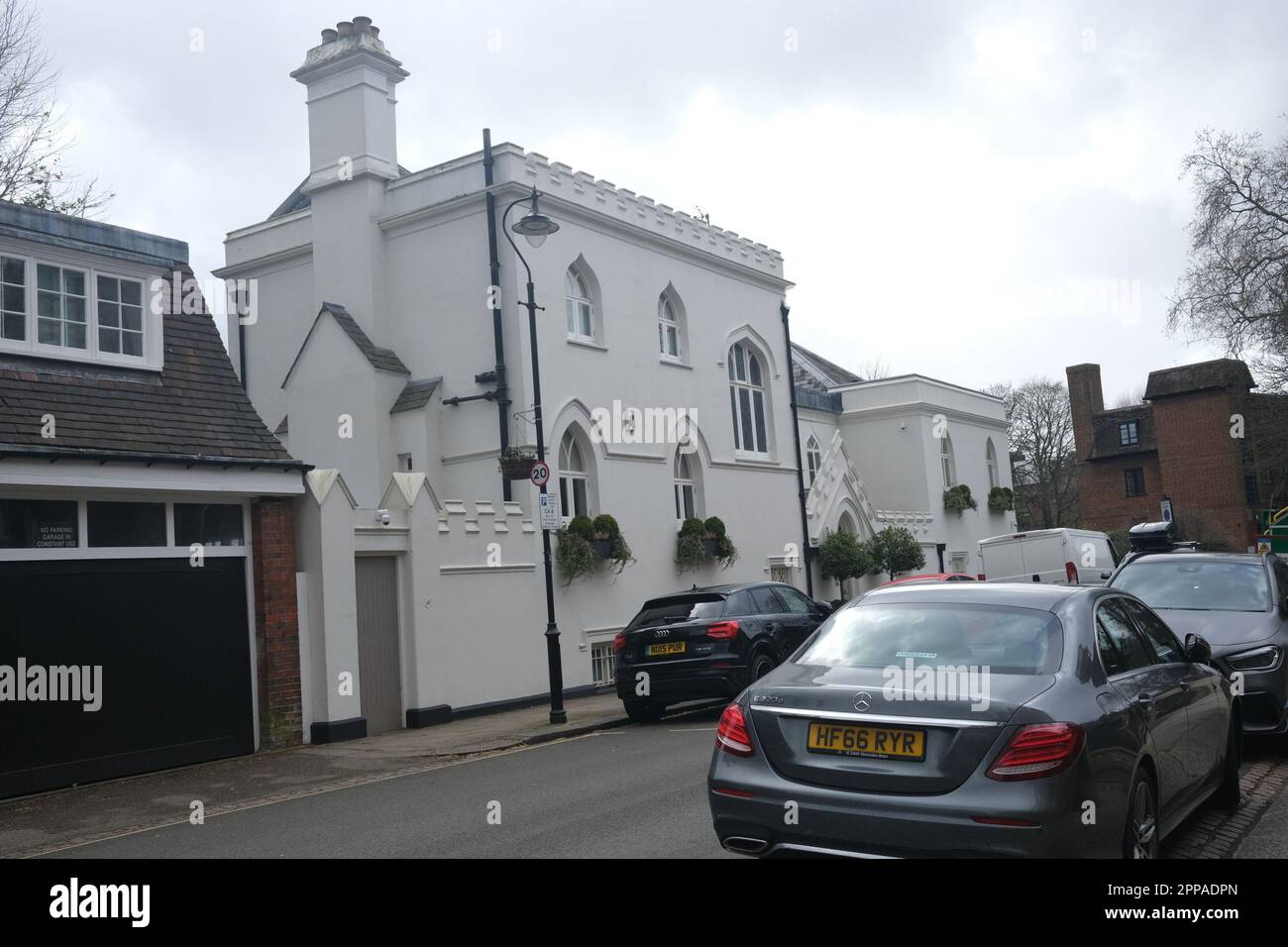 A quirky white period property in Hampstead, North London brings an interesting perspective into the surrounding neighbourhood. Taken in March 2023 Stock Photo