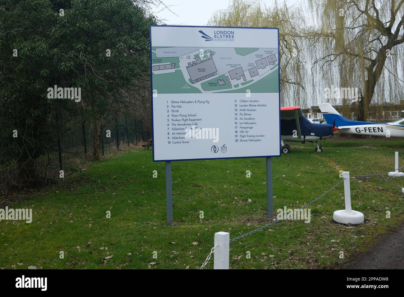 The entrance to Elstree aerodrome, Elstree, Hertfordshire. A helpful guide to your whereabouts greets visitors. Stock Photo