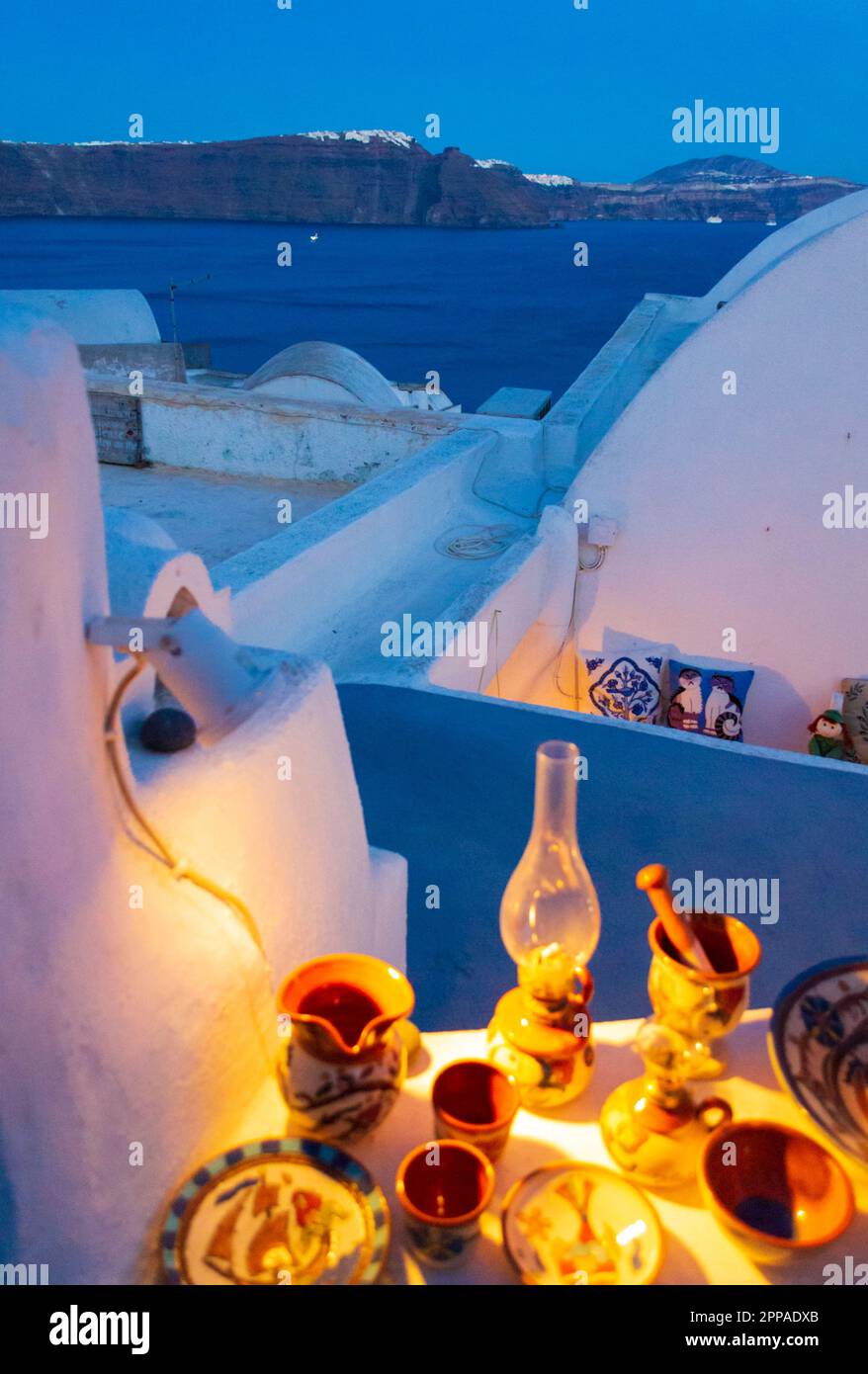 Pottery products on display at roof terrace in Oia a coastal town on