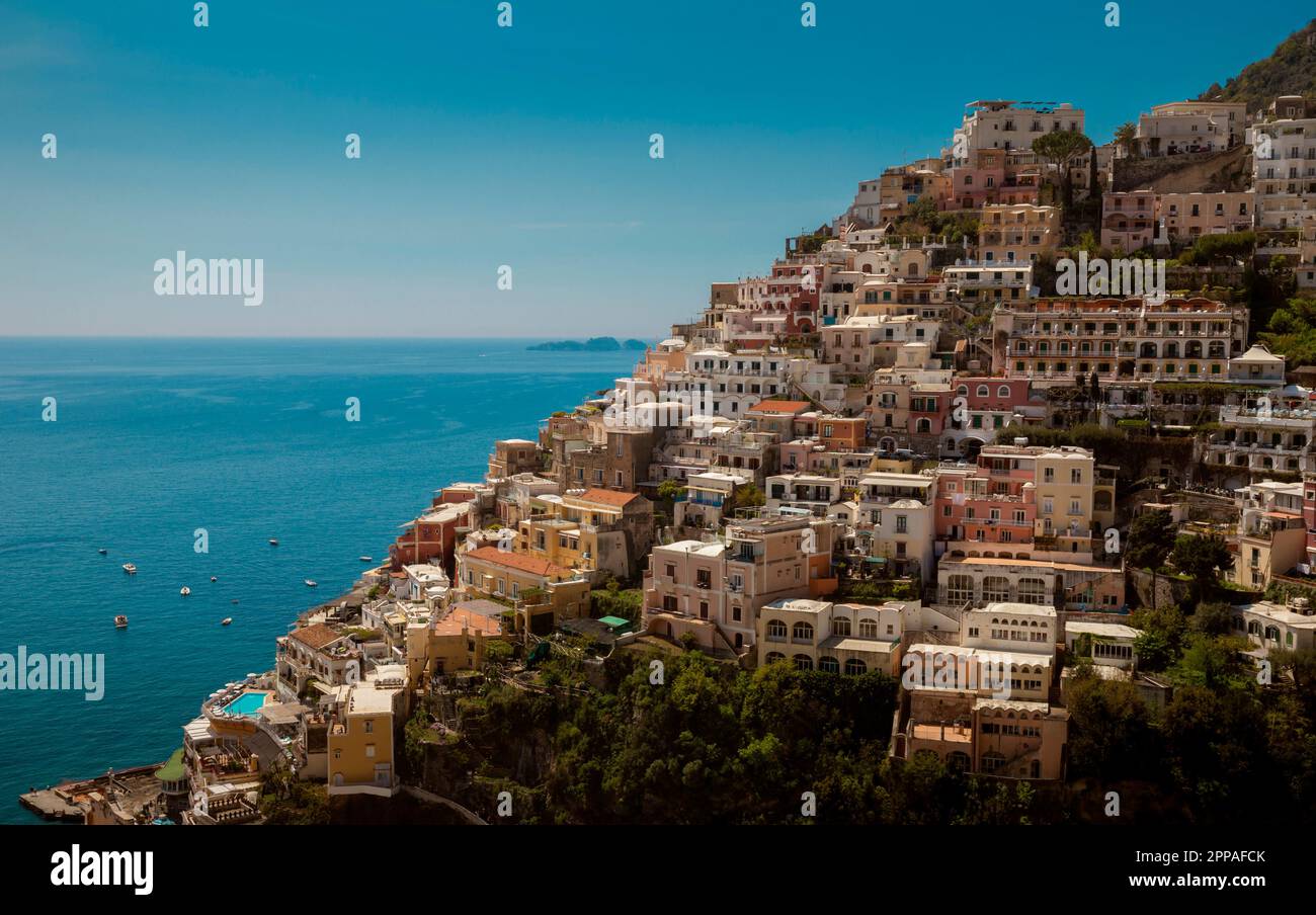 Panorama of Positano town and Amalfi Coast in Italy Stock Photo - Alamy