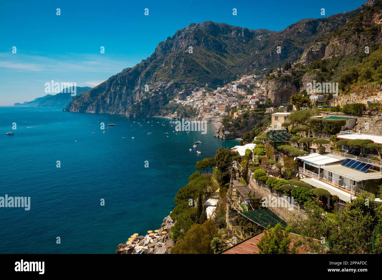 Panorama of Positano town and Amalfi Coast in Italy Stock Photo - Alamy