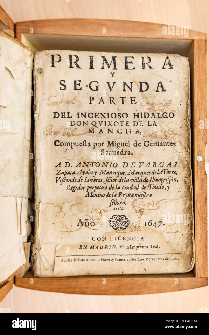 Huelva, Spain - April 22, 2023: Third original edition of the famous book The ingenious hidalgo Don Quixote de la Mancha by Miguel de Cervantes Saaved Stock Photo