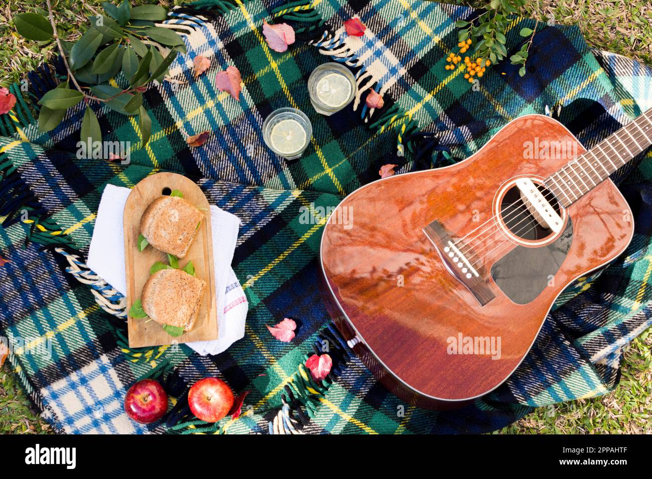 Top view picnic with acoustic guitar Stock Photo
