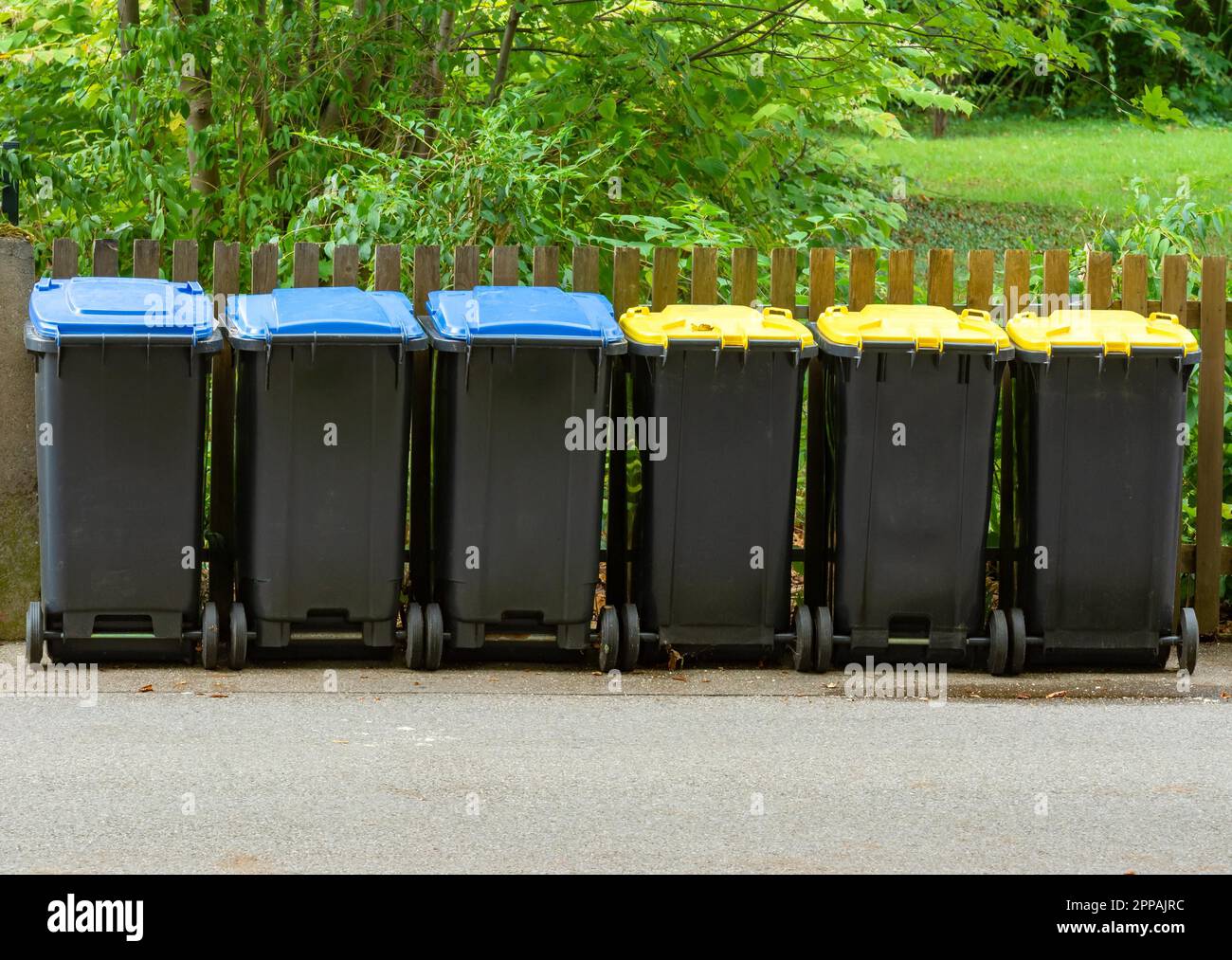 Row of garbage cans for wate separation and recycling Stock Photo Alamy