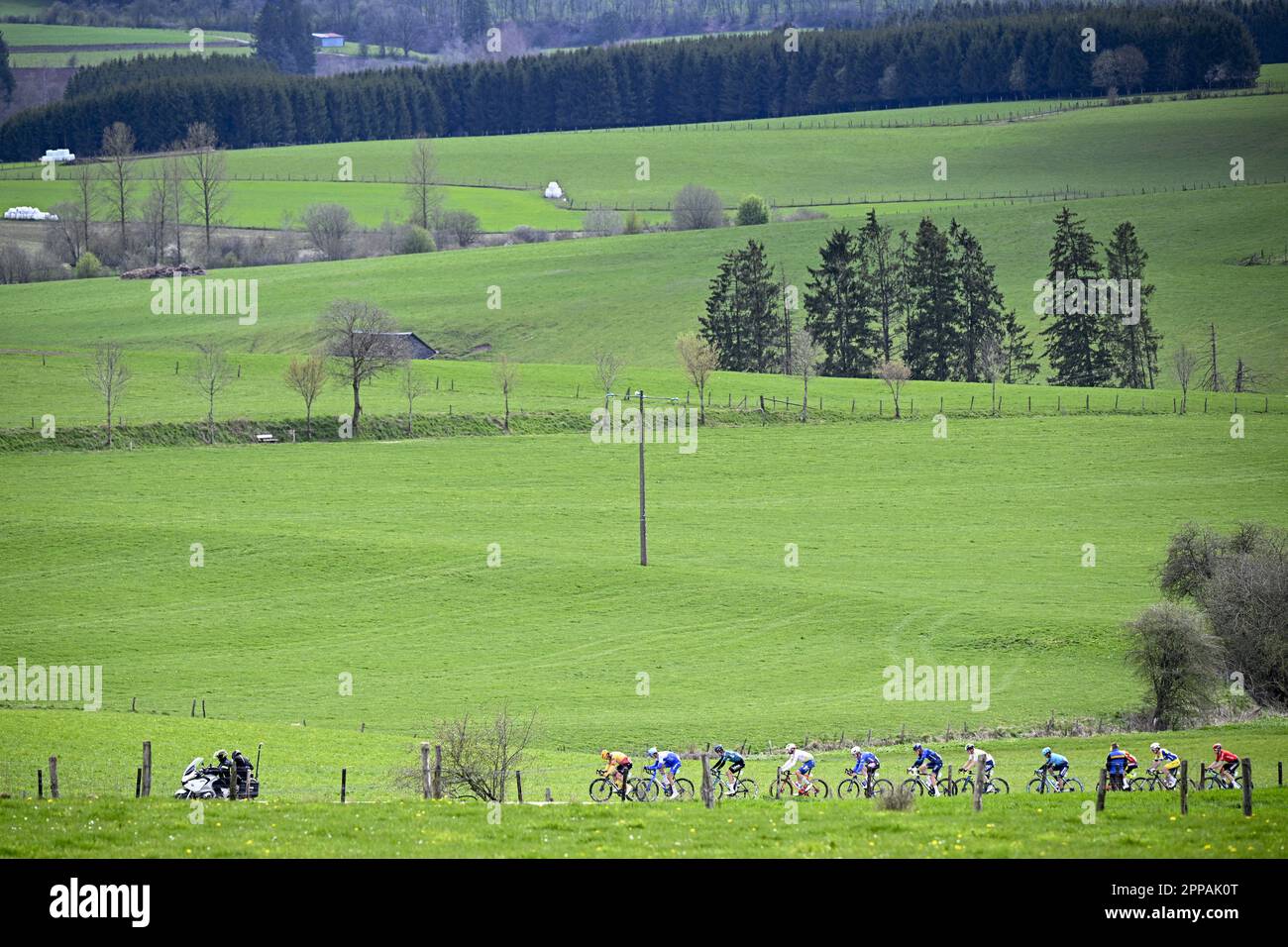 Liege, Belgium. 23rd Apr, 2023. The breakaway group pictured during the men elite race of the Liege-Bastogne-Liege one day cycling event, 258,5km from Liege, over Bastogne to Liege, Sunday 23 April 2023. BELGA PHOTO JASPER JACOBS Credit: Belga News Agency/Alamy Live News Stock Photo