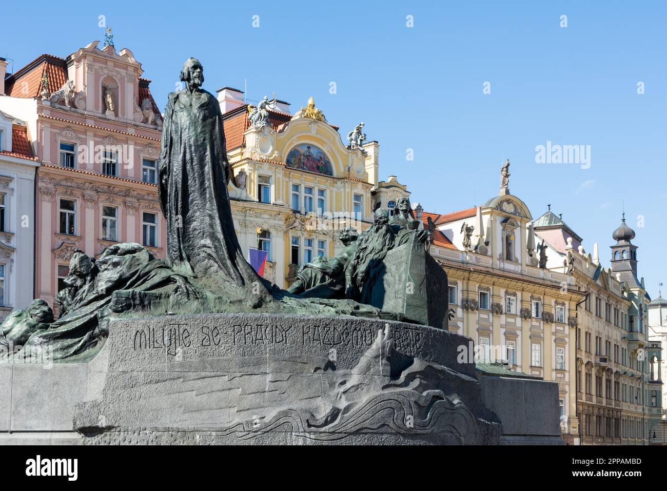 Jan Hus Memorial (unveiled in 1915) at the old town square in Prague Stock Photo