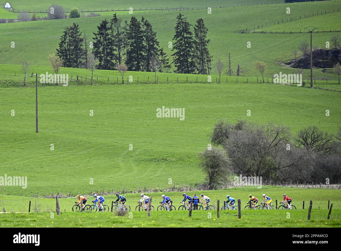 Liege, Belgium. 23rd Apr, 2023. The breakaway group pictured during the men elite race of the Liege-Bastogne-Liege one day cycling event, 258,5km from Liege, over Bastogne to Liege, Sunday 23 April 2023. BELGA PHOTO JASPER JACOBS Credit: Belga News Agency/Alamy Live News Stock Photo