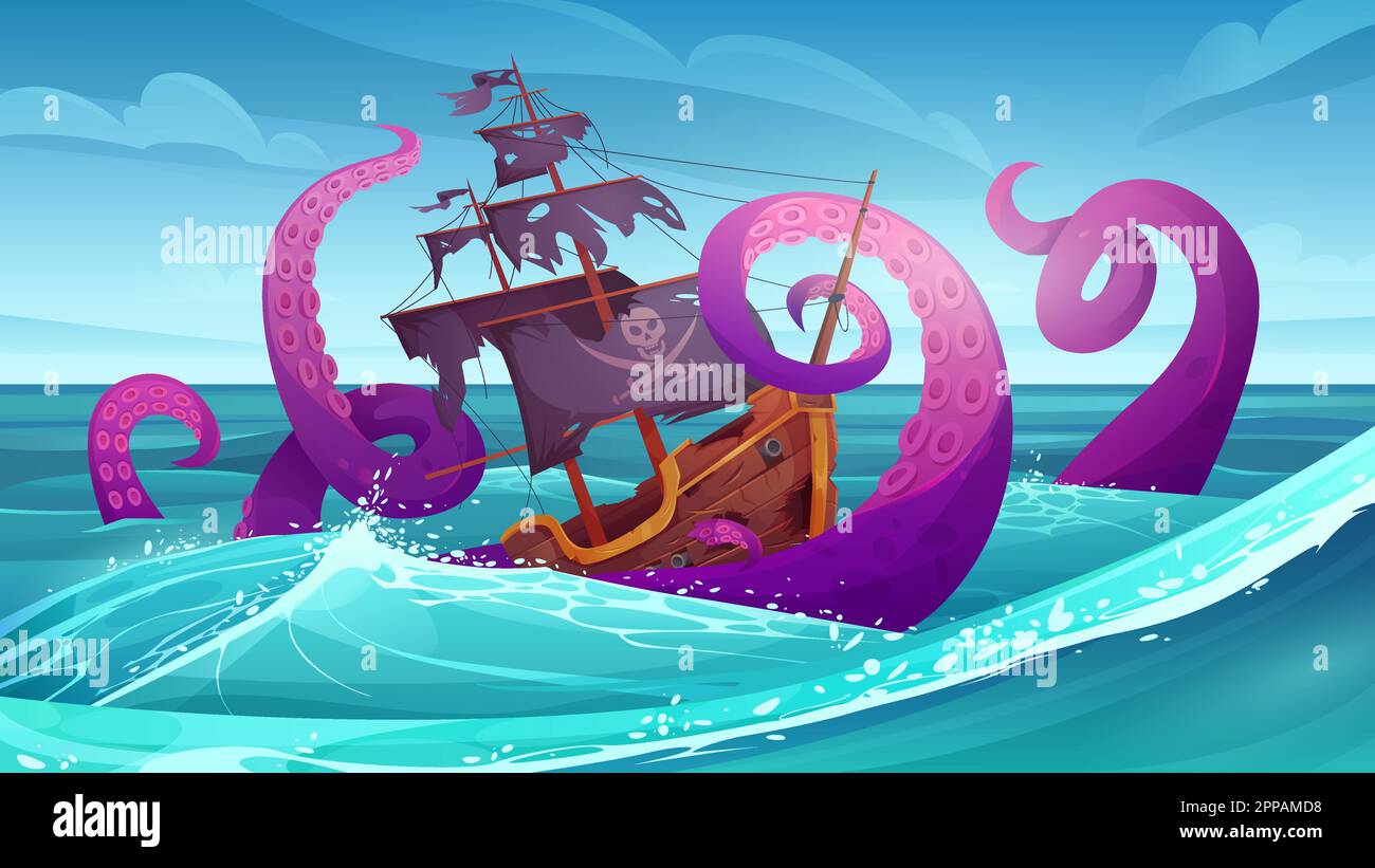 Battle between giant octopus and pirate ship in sea landscape vector illustration. Cartoon fairytale monster sinking corsair boat with cannons in water waves, perilous ancient kraken and broken ship Stock Vector