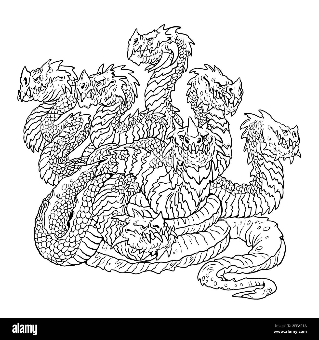 Lernaean Hydra - mythological creature. Multi headed dragon drawing. Fearsome monster. Stock Photo