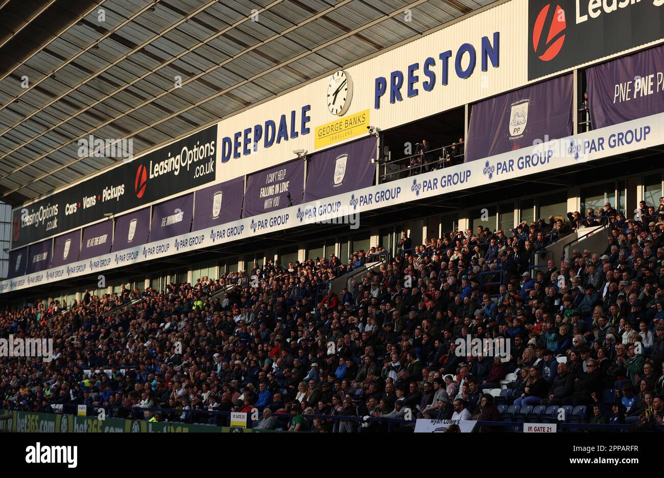 22nd April 2023;  Deepdale, Preston, England; Championship  Football, Preston North End versus Blackburn Rovers; Preston supporters look on from the Invincibles Stand Stock Photo