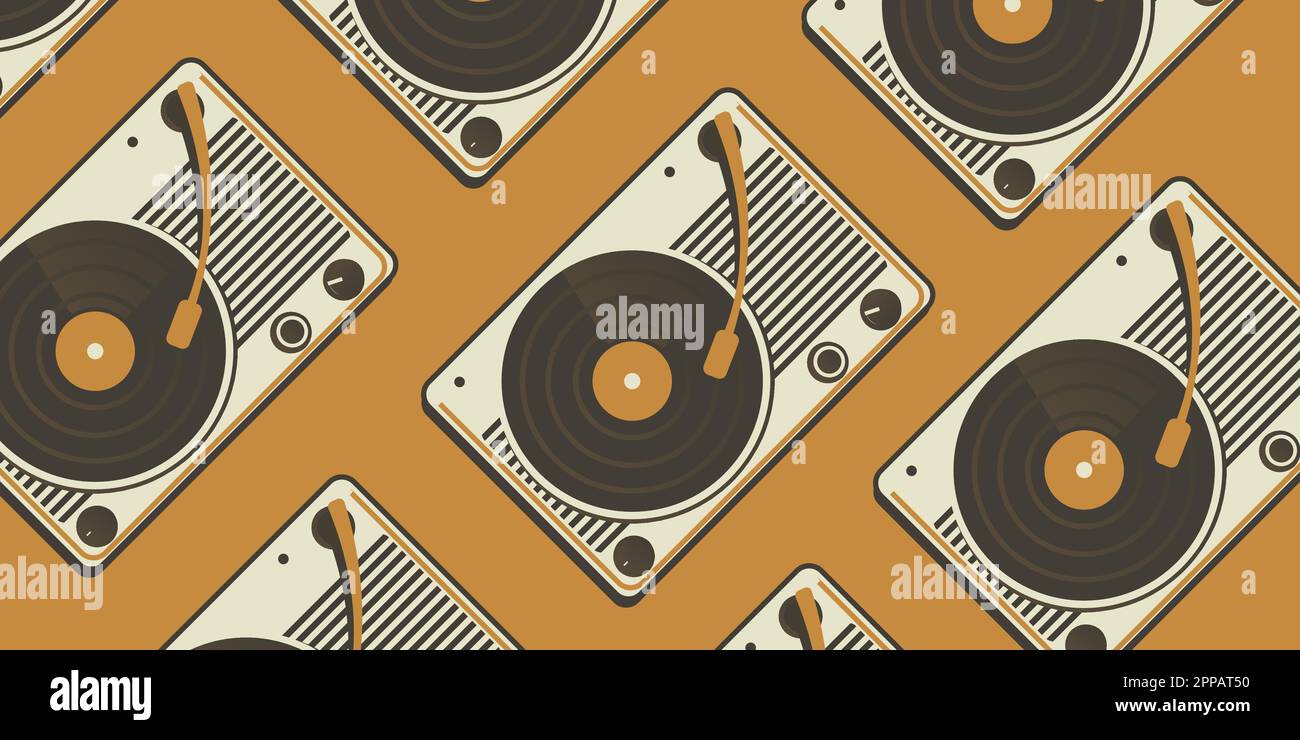 Tape recorders for playing vinyl records pattern. 70s concept Stock Vector