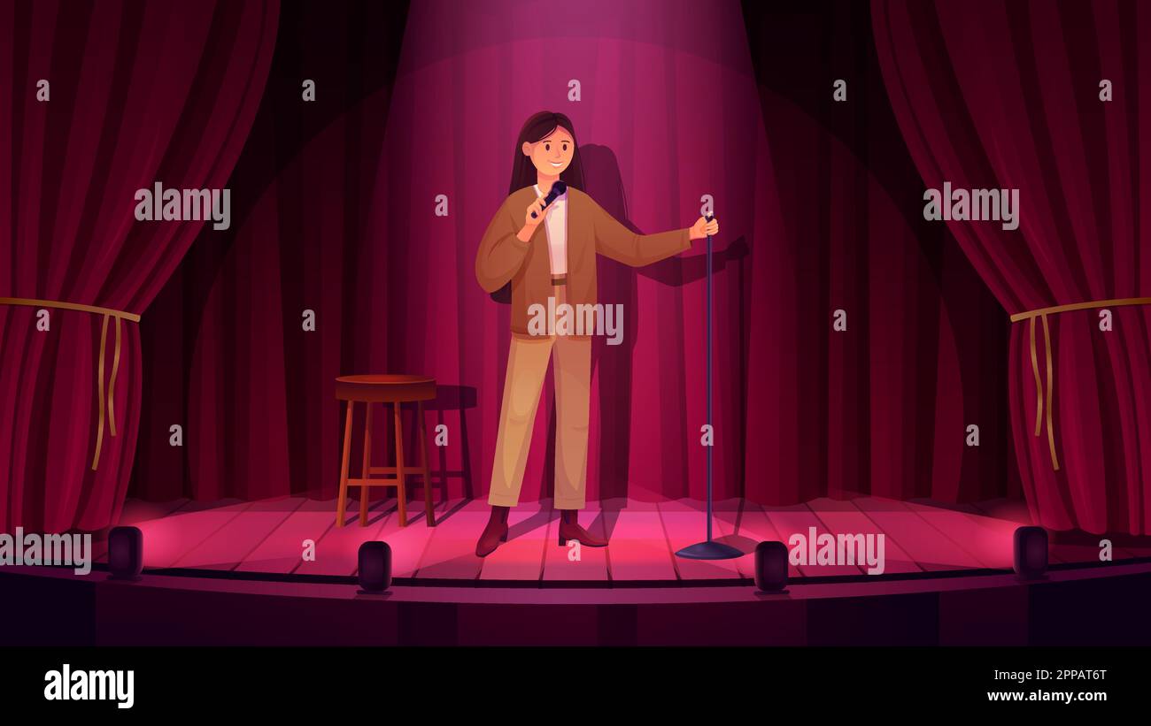 Comedy stand up show with talent female comedian vector illustration. Cartoon young woman standing with microphone on stage with red curtains to tell funny story, standup concert in night club Stock Vector