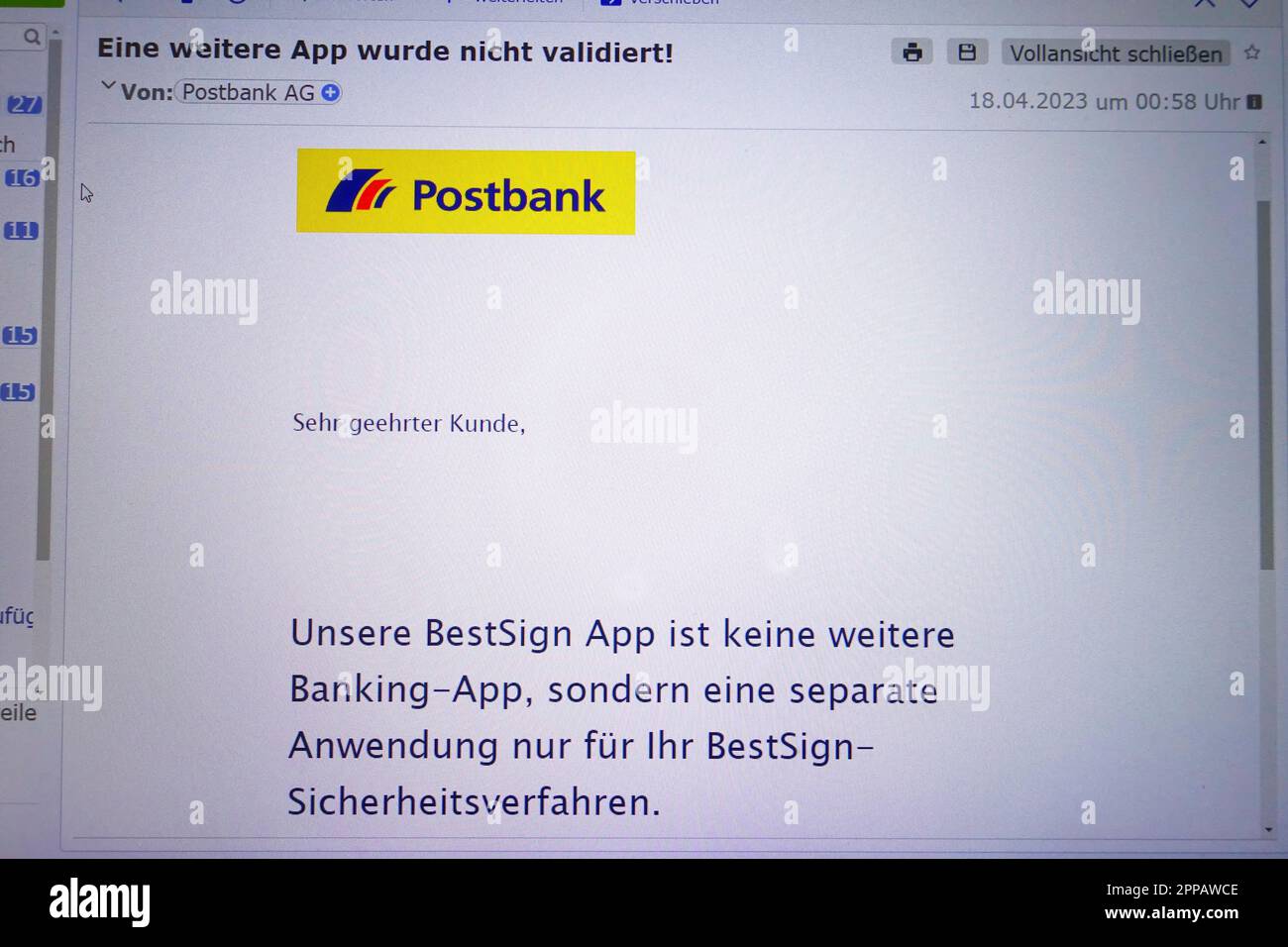 Fake mail of Postbank, BestSign App Stock Photo