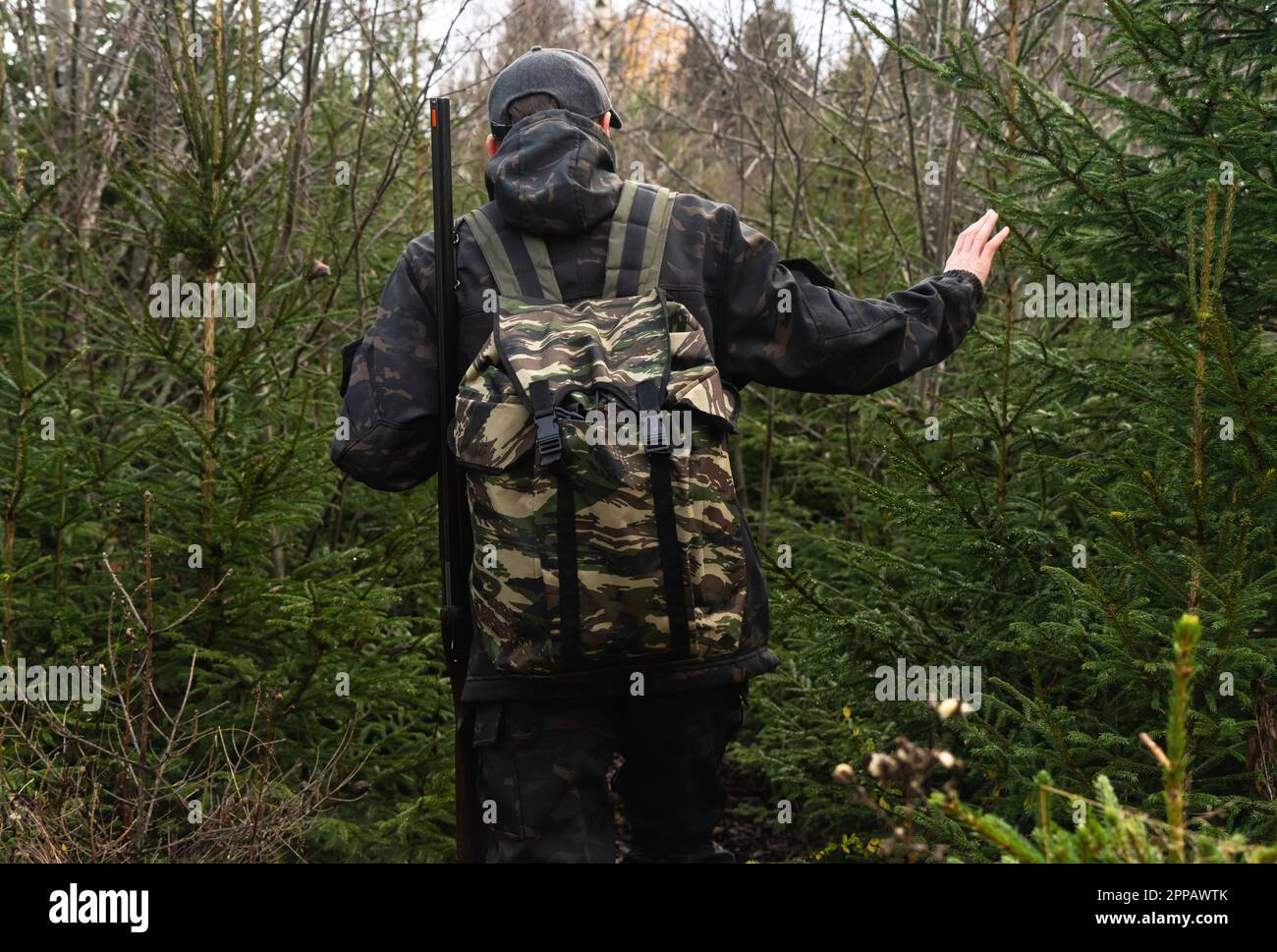 Back view of hunter with a backpack and a gun. High quality photo Stock Photo