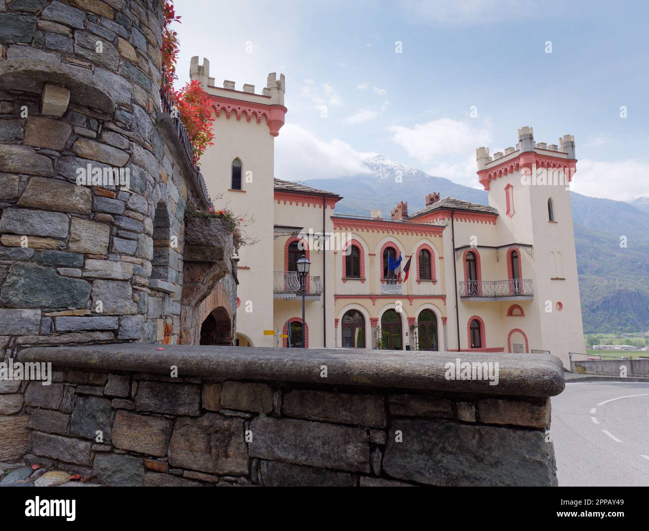 19th Century Baraing Castle in the town of Pont-Saint-Martin, Aosta Valley, NW Italy Stock Photo