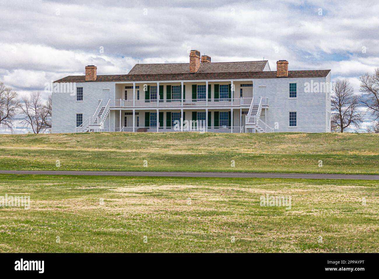 The Bachelors Officers quarters at Fort Laramie known as Old Bedlam  at Fort Laramie National Historic Site in the US state of Wyoming Stock Photo