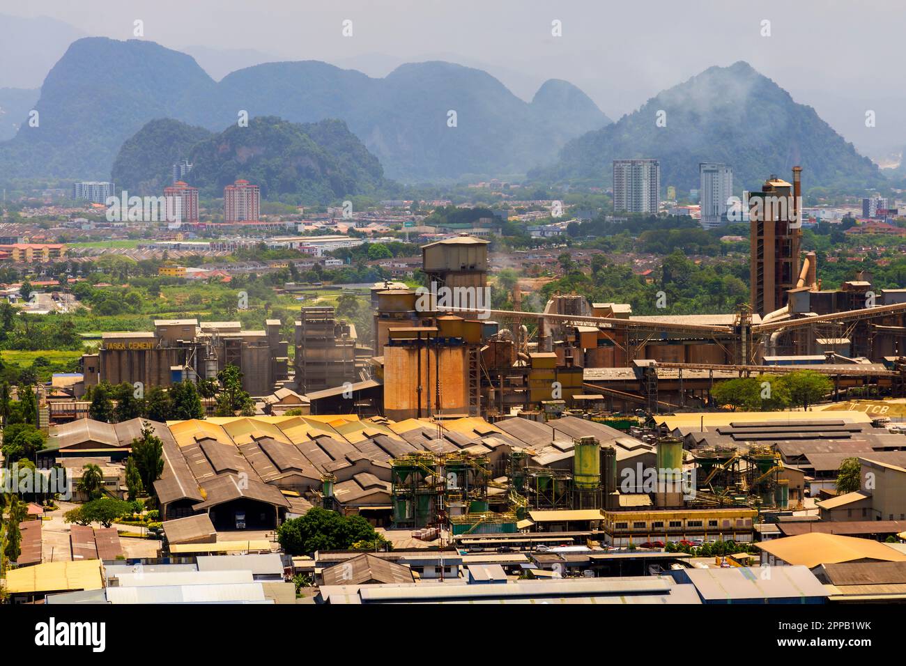 Elevated view of Ipoh and surrounding landscape at sunrise, Ipoh, Perak, Malaysia. Stock Photo