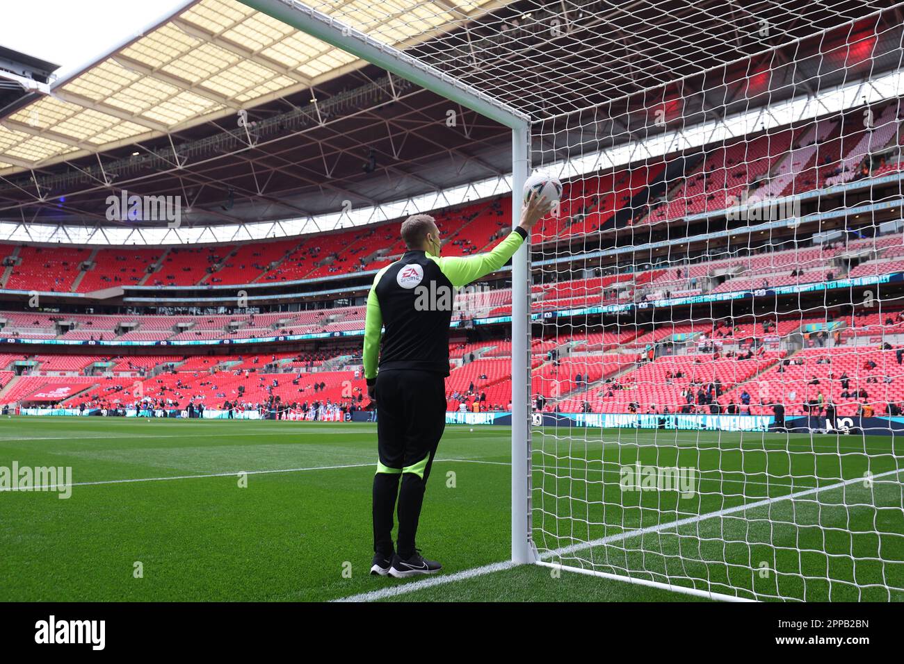 Wembley Stadium, London, UK. 23rd Apr, 2023. FA Cup Semi Final Football, Brighton and Hove Albion versus Manchester United; Referee Craig Pawson testing the Hawk-Eye Goal Line Technology before kick off Credit: Action Plus Sports/Alamy Live News Stock Photo