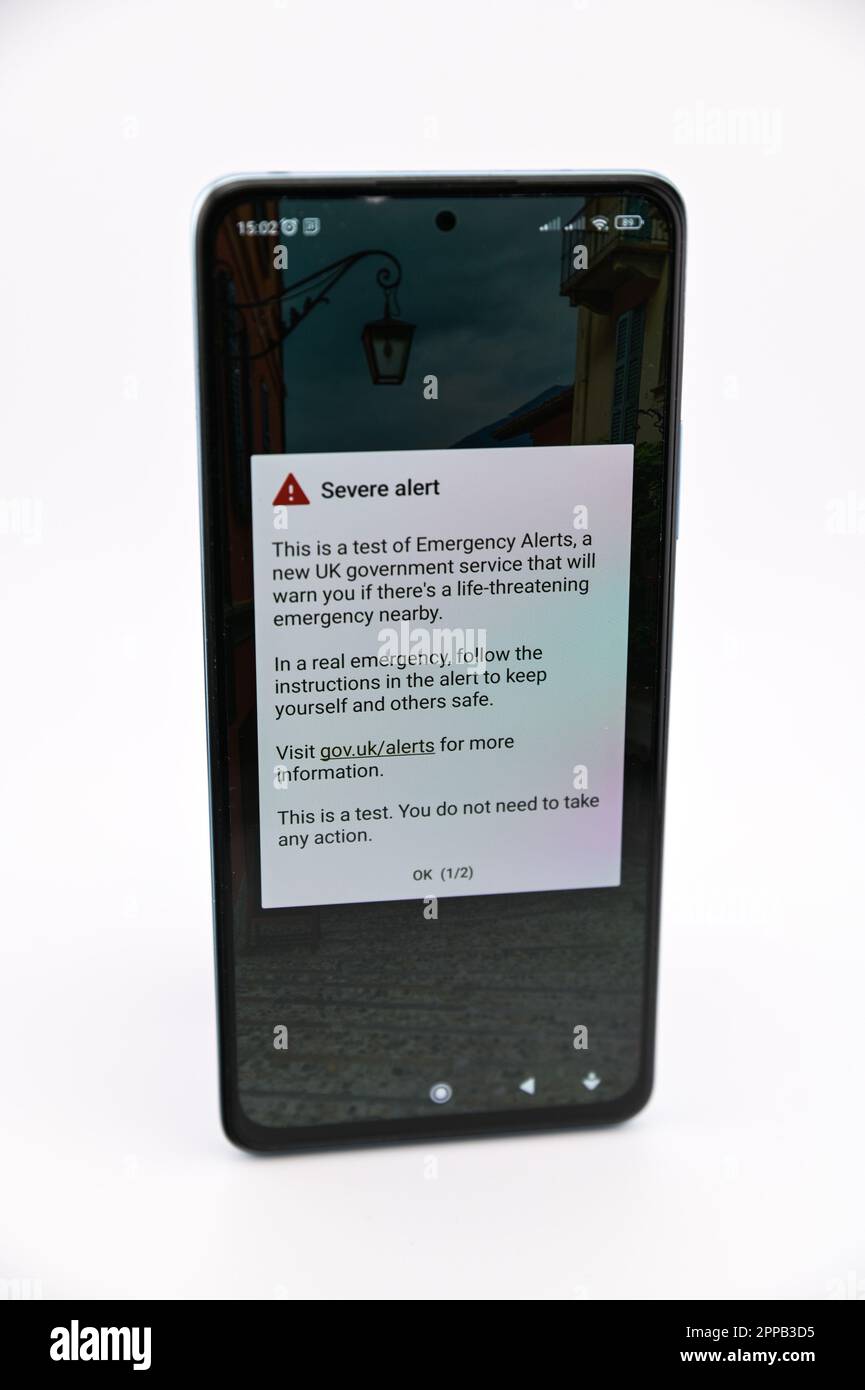 Birmingham, 23rd April 2023 - A mobile phone displays an emergency alert in a test in the United Kingdom. The test is intended to allow government and the emergency services to send a text alert to mobile phones in a situation where there is perceived to be an immediate risk to life. Credit: Stop Press Media/Alamy Live News Stock Photo