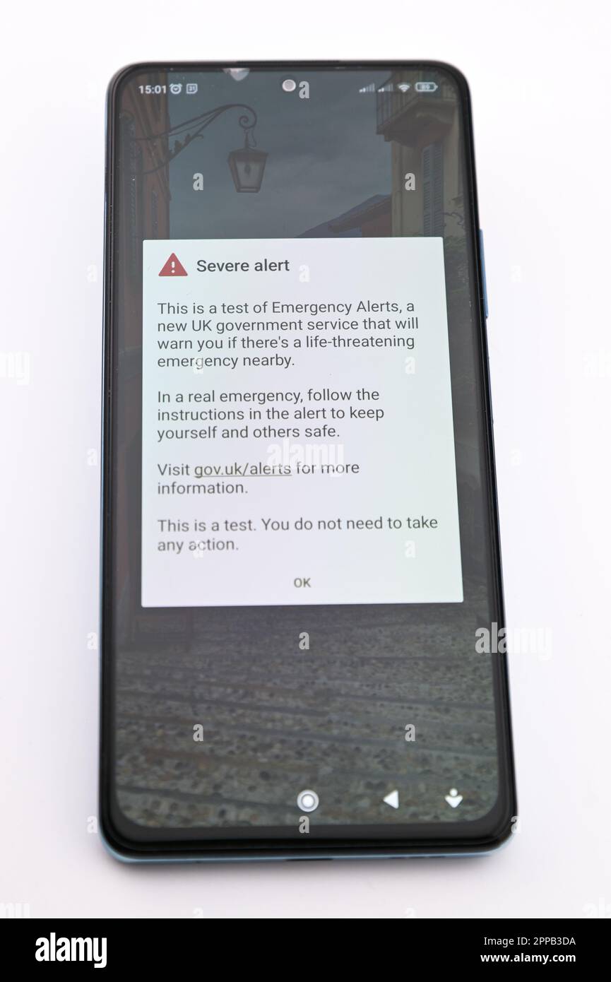 Birmingham, 23rd April 2023 - A mobile phone displays an emergency alert in a test in the United Kingdom. The test is intended to allow government and the emergency services to send a text alert to mobile phones in a situation where there is perceived to be an immediate risk to life. Credit: Katie Stewart/Alamy Live News Stock Photo