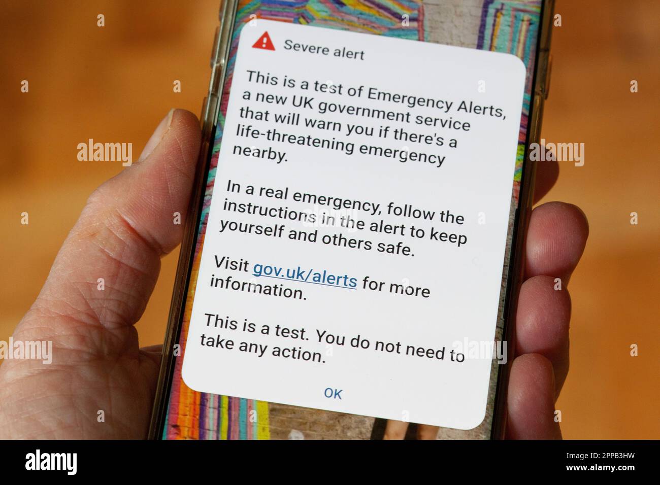 London, UK. 23rd Apr, 2023. At 3pm exactly the UK government tested a national Emergency Alert system for mobile phones which in the future may be used to send messages about danger to life from fire, floods or terrorist incidents. A special alert sounded and a text message with further information was displayed on screen. Credit: Anna Watson/Alamy Live News Stock Photo