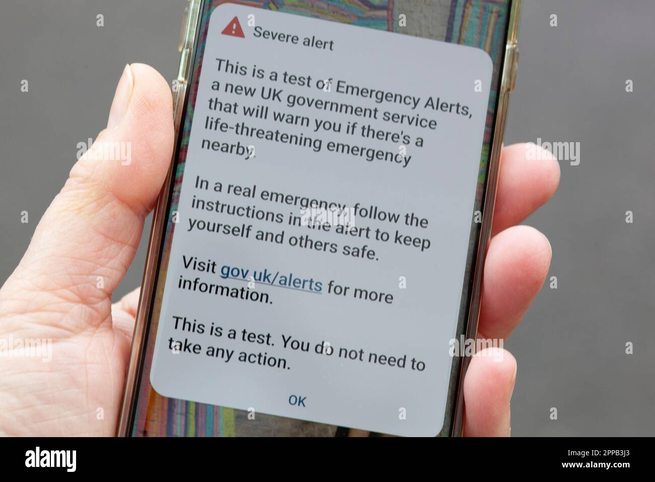London, UK. 23rd Apr, 2023. At 3pm exactly the UK government tested a national Emergency Alert system for mobile phones which in the future may be used to send messages about danger to life from fire, floods or terrorist incidents. A special alert sounded and a text message with further information was displayed on screen. Credit: Anna Watson/Alamy Live News Stock Photo