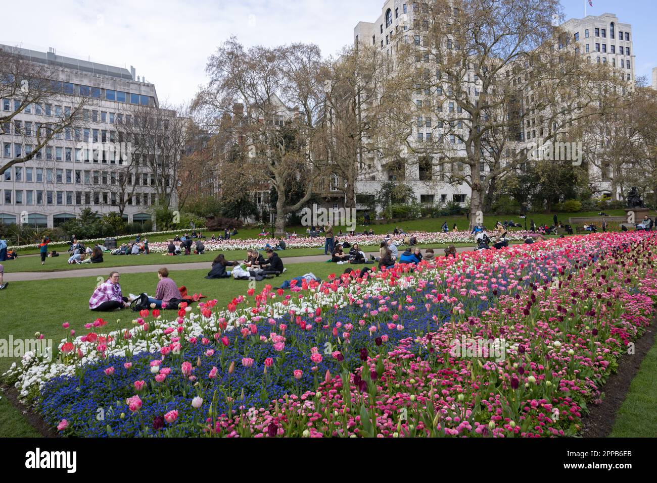 Victoria Embankment gardens with Spring Coronation display of flowers