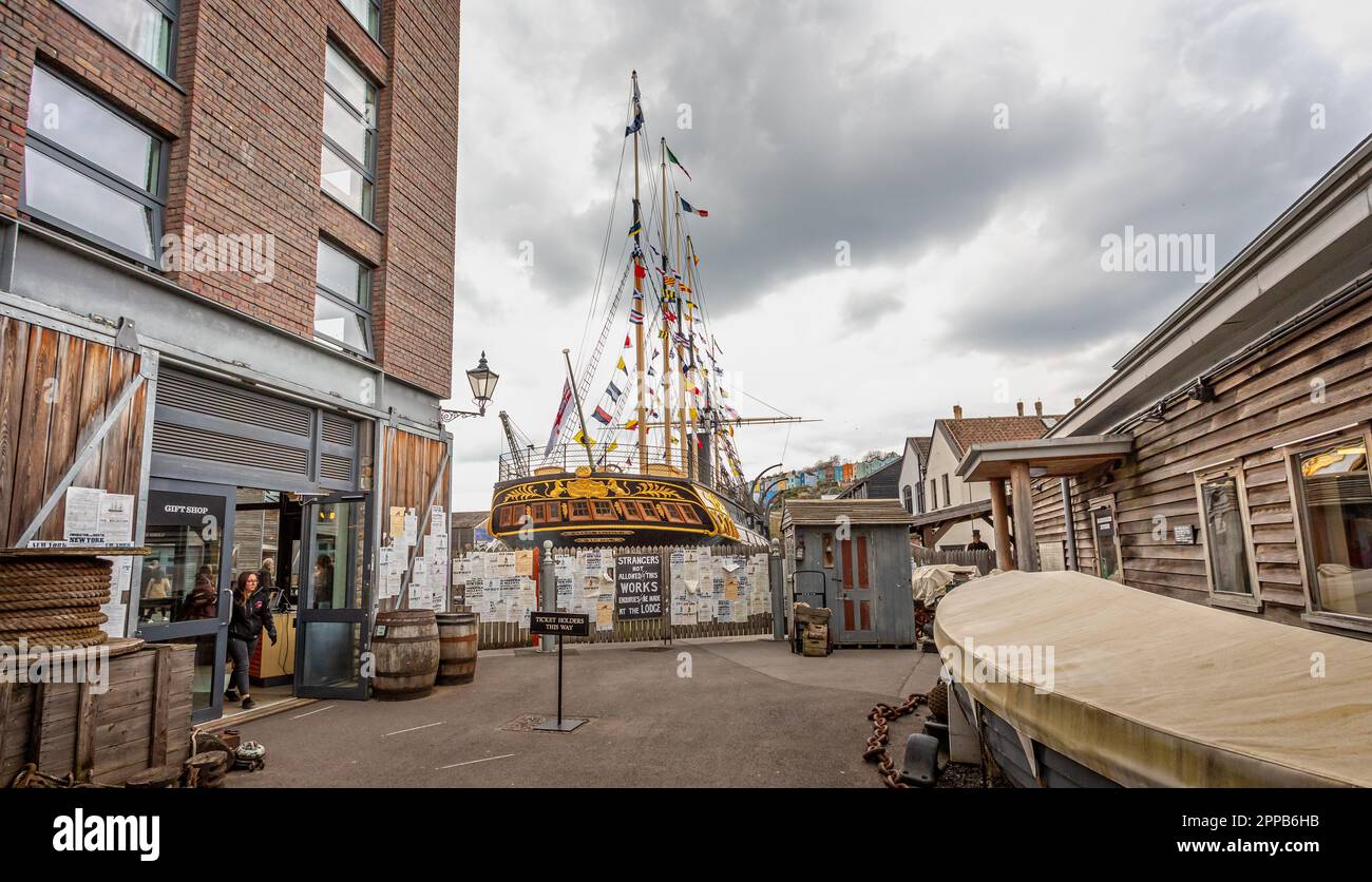 Isambard Kingdom Brunels historic steamship SS Great Britain on display at Bristol Harbourside with flags flying in Bristol, UK on 22 April 2023 Stock Photo