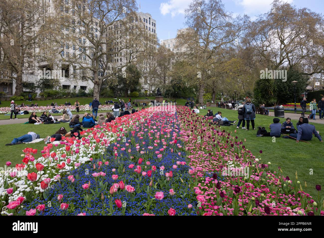 Victoria Embankment gardens with Spring Coronation display of flowers