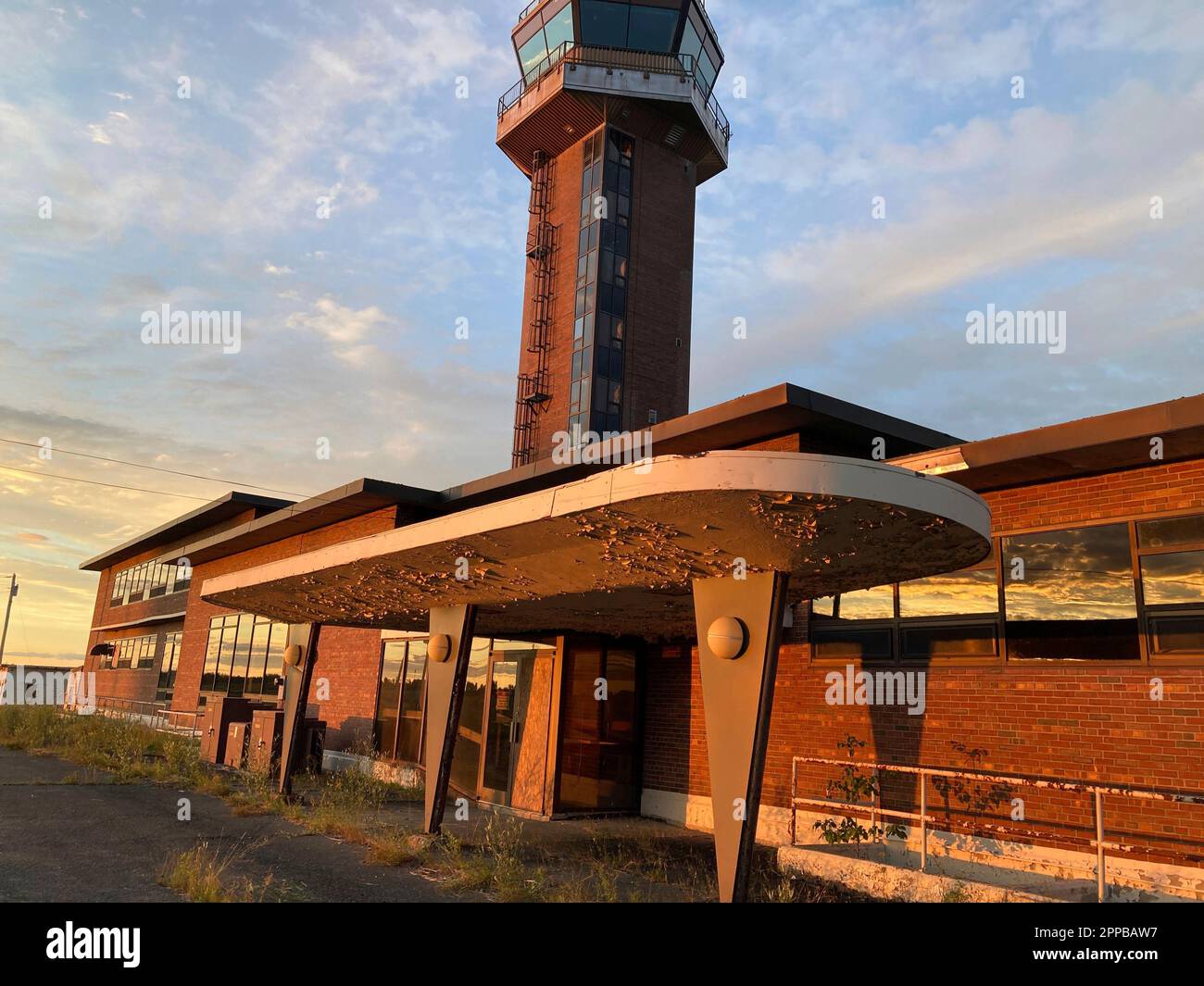 The shuttered control tower at the former Loring Air Force Base, which closed in 1994, stands