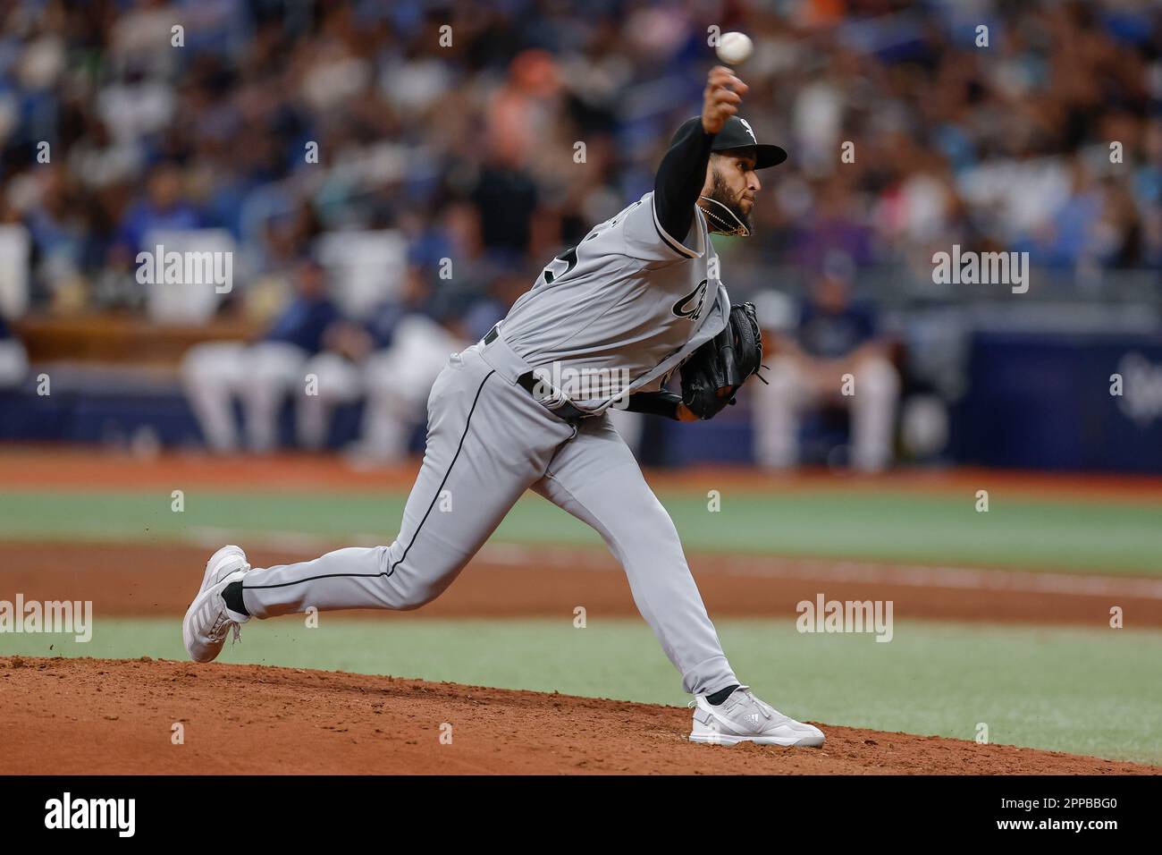 St. Petersburg, FL USA; Chicago White Sox relief pitcher Keynan Middleton (99) delivers a pitch during an MLB game against the Tampa Bay Rays on Satur Stock Photo