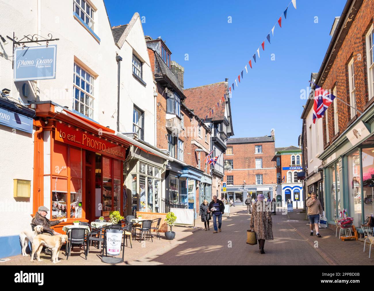 Leek Staffordshire Italian cafe and shops on Sheep Market in the market town of Leek Staffordshire England UK GB Europe Stock Photo