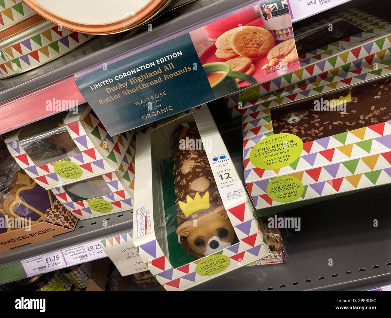 King Charles III Coronation Memorabilia on sale April-May 2023 Commemorative Coronation Cakes and biscuits for sale in Waitrose, Saffron Walen, Essex Stock Photo